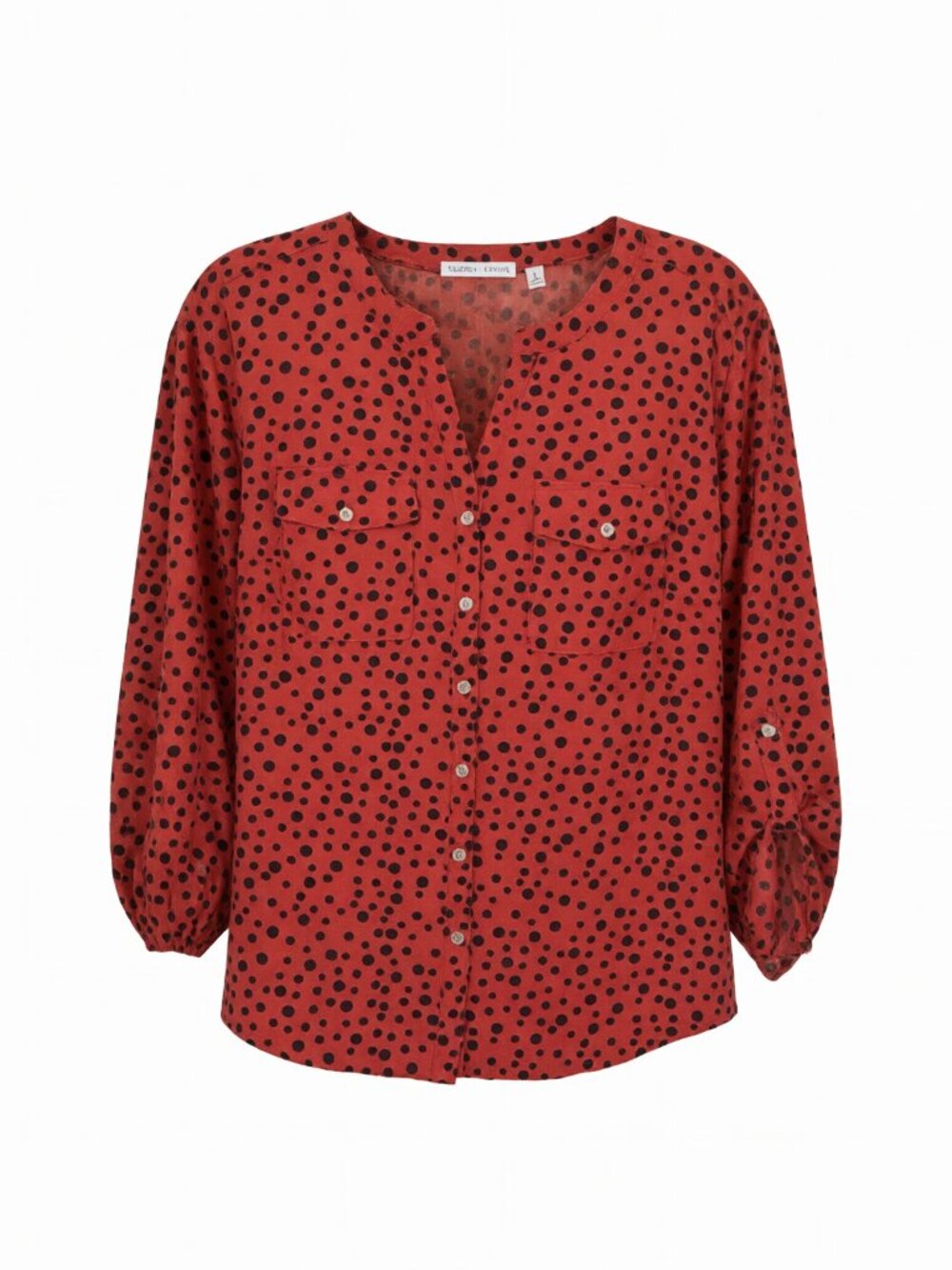 Notations Red Black Polka Dot Button Down Shirt Women L Red